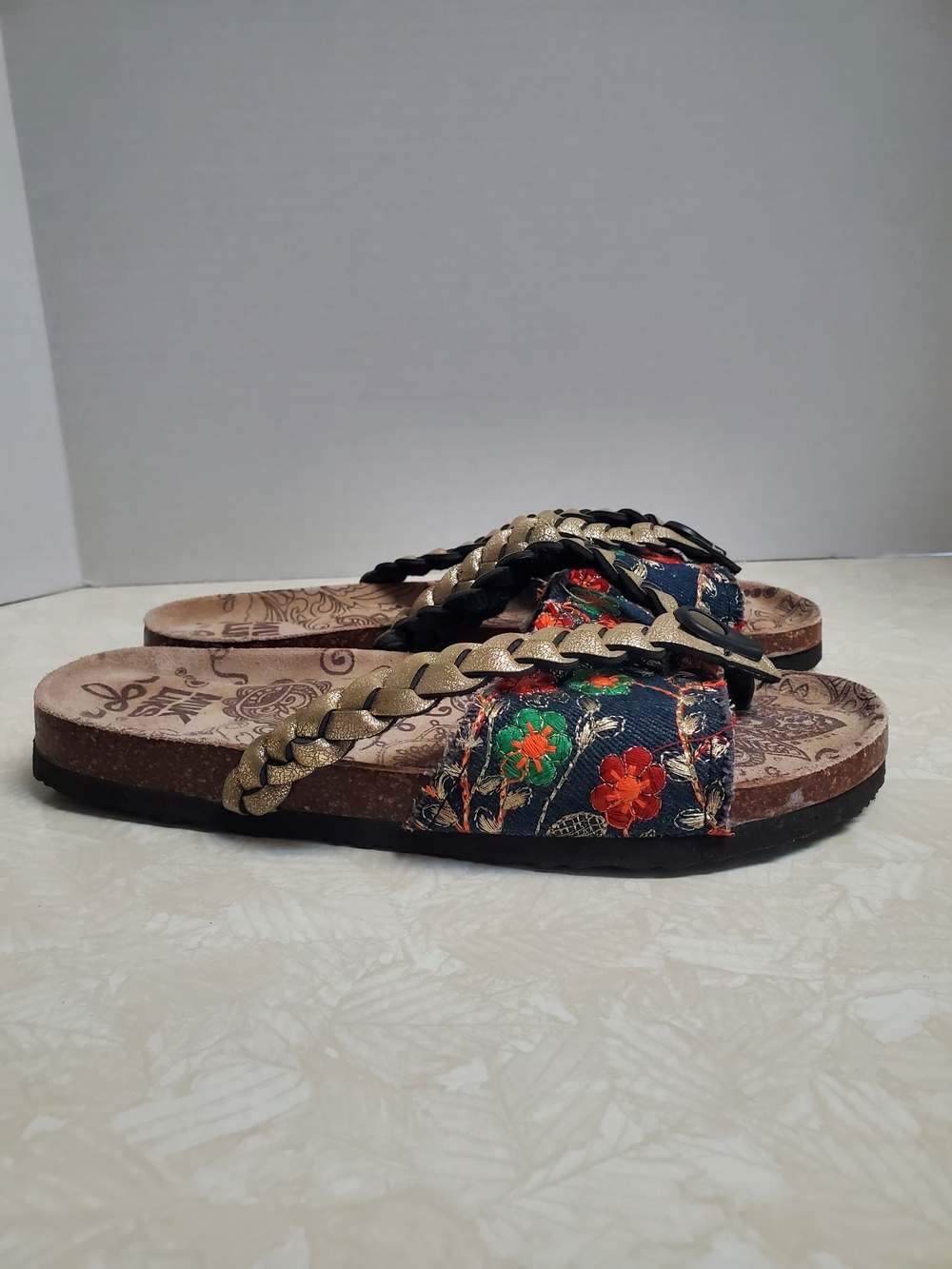 Muk Luks Navy Floral Slide Sandals with Gold Braided Strap